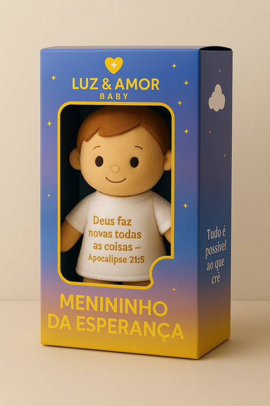✨ Pelúcia Menininho da Esperança – Luz & Amor Baby (42 cm) ✨