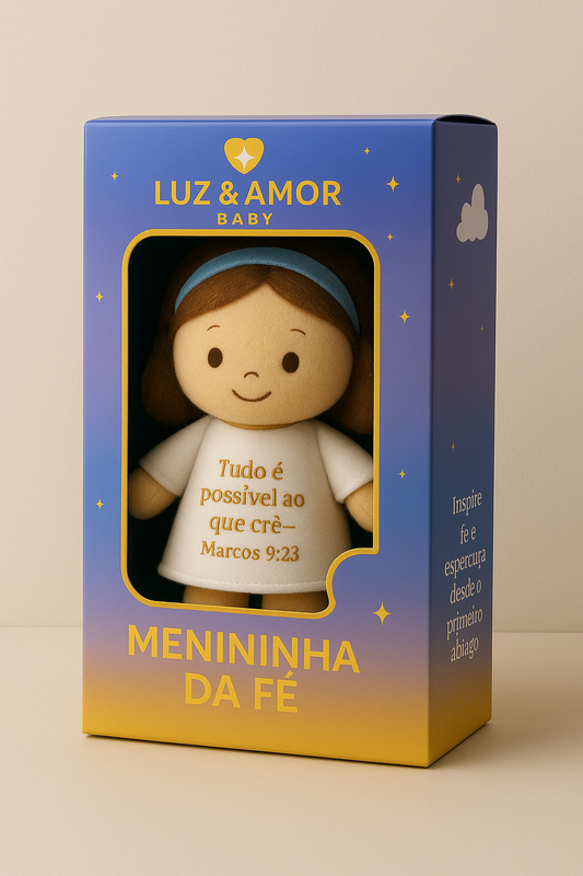 ✨ Pelúcia Menininha da Fé – Luz & Amor Baby (42 cm) ✨
